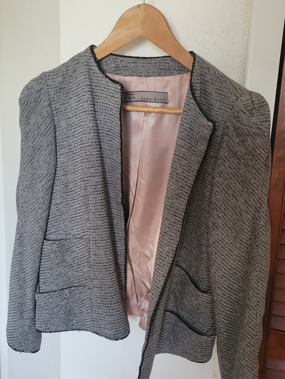 Zara Black and Gray Tweed Collarless Blazer